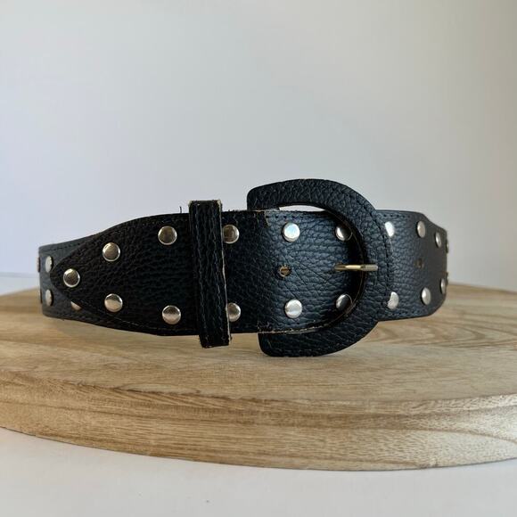 Vintage 90s Black Vegan Leather Silver Studded Belt Size XS-Small - Picture 1 of 11